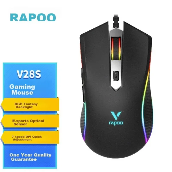 ماوس گیمینگ, ماوس، مدل V28s، حسگر، دکمه‌های قابل برنامه‌ریزی، نورپردازی LED، اتصال با سیم، طراحی ارگونومیک
