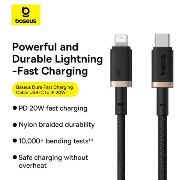 کابل لایتنینگ باسئوس مدل USB-C Dura 20W 1m Gold