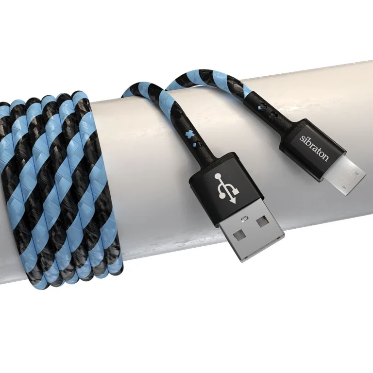 کابل میکرو USB سیبراتون S224A آبی-مشکی با روکش کنفی بافته شده و سوکت فلزی