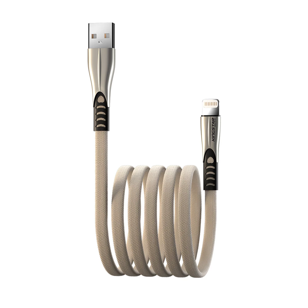 کابل لایتنینگ کینگ استار K130i بژ رول شده با دو کانکتور عمودی و روکش PVC بافته