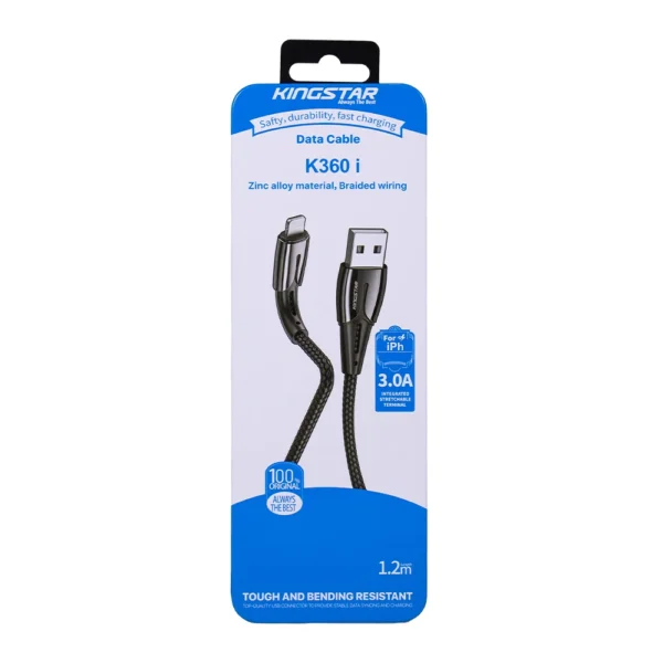 جعبه اصل کابل لایتنینگ کینگ استار K360i با فست شارژ 3A و گارانتی 12 ماهه متین