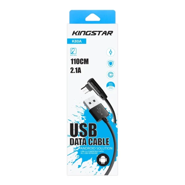 جعبه اصل کابل میکرو USB کینگ استار K80A با کانکتور زاویه‌دار 90 درجه و گارانتی 12 ماهه متین