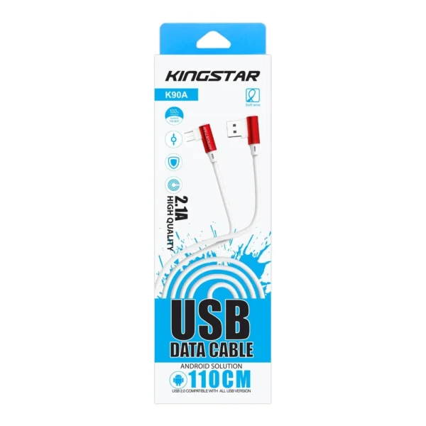 جعبه اصل کابل میکرو USB کینگ استار K90A با کانکتور زاویه‌دار 90 درجه و گارانتی 12 ماهه متین