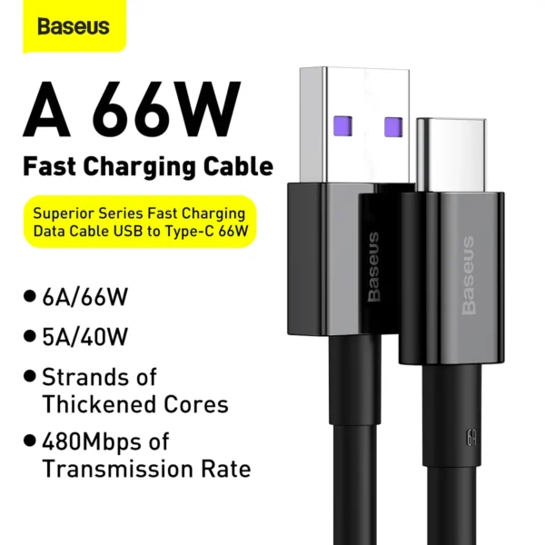 کابل شارژ باسئوس مدل Superior USB to USB-C 66W