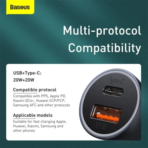 شارژر فندکی باسئوس مدل Golden Contactor Pro U+C 40W + کابل شارژ Type-C to Lightning