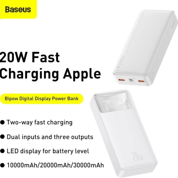 Baseus Bipow Digital Display Power Bank 30000mAh 20W سفید