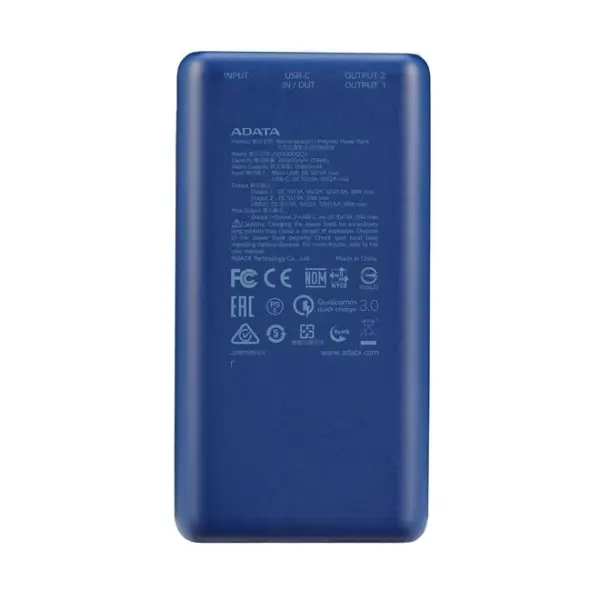 پاور بانک سه پورت ای دیتا مدل Adata P20000QCD 20000mAh آبی